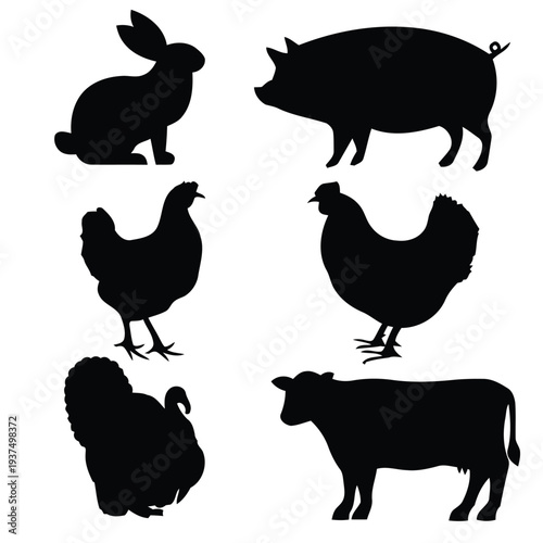 Silhouettes of farm animals, including rabbit, pig, chicken, turkey, cow