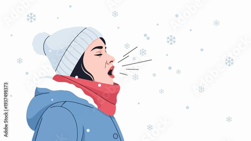 Woman in winter clothing coughs in a snowstorm