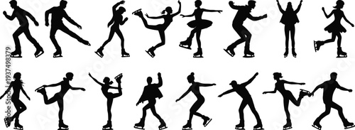 Silhouettes of figure skaters performing jumps and spins