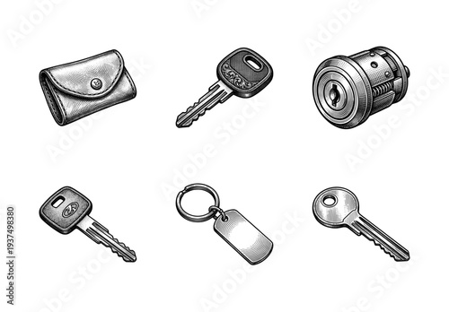 Set of vintage style engraved illustrations featuring door keys, ignition key, cylinder lock, leather pouch and metal keychain tag