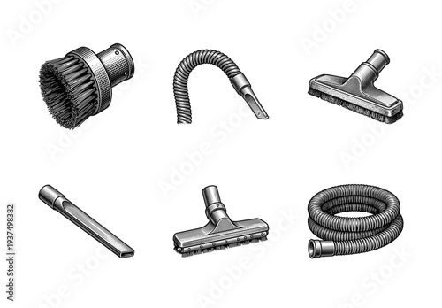 Vintage style engraving illustration of vacuum cleaner attachment set including brushes, nozzles, and flexible hoses