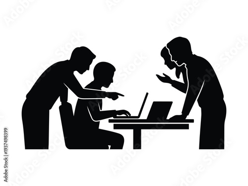 Team collaboration silhouette of people working together around laptop for business meeting and project development shared workspace teamwork communication