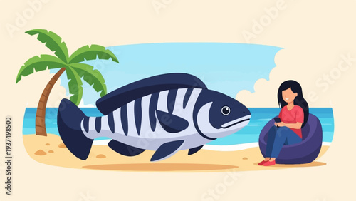 Woman on beach relaxing with phone near large fish under palm tree