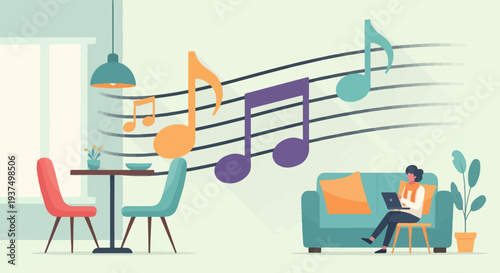 Woman on couch using laptop with music notes floating in the air