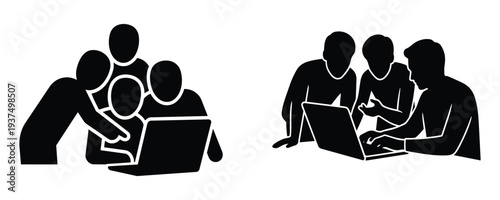 Diverse groups of people collaborating on laptop computers silhouettes icons for business teamwork and technology design