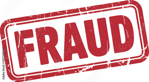 Red rubber stamp with the word fraud in bold white letters