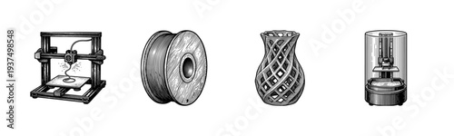 Set of 3D printing equipment and additive manufacturing icons in a classic black and white vintage woodcut hatching style