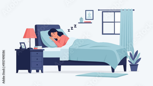 Woman peacefully sleeping in a cozy bedroom with a bedside lamp and window