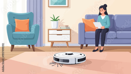 Woman on sofa with tablet, armchair, robot vacuum, and side table in a cozy room