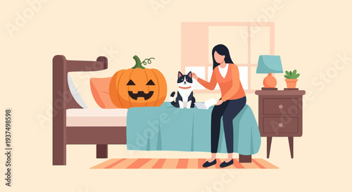 Woman petting cat on bed with jack-o'-lantern and nightstand