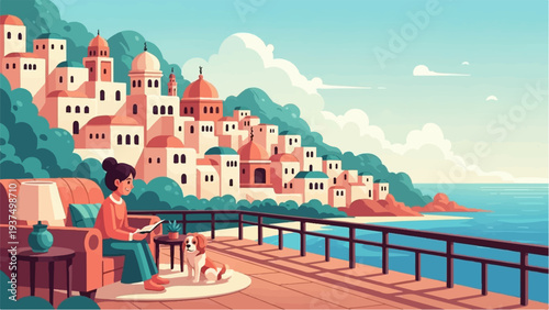 Woman reading with dog on balcony overlooking a coastal village