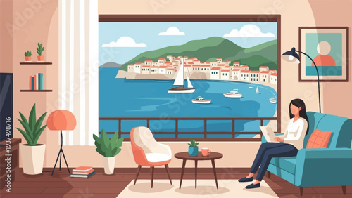 Woman reads a book in a cozy room overlooking a coastal town