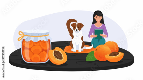 Woman reads book next to dog and jar of apricots