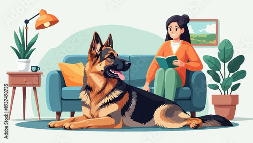 Woman reads a book on the sofa with her German Shepherd dog
