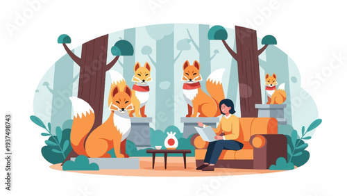 Woman reads book on sofa near fox statues in serene forest setting
