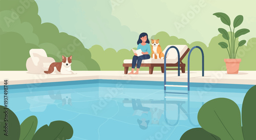 Woman reads by pool with two dogs on sunny day, lush greenery