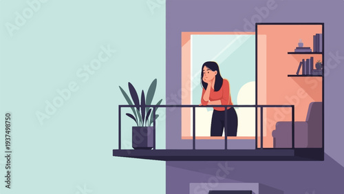 Woman thoughtfully gazes out from balcony with potted plant and bookshelf