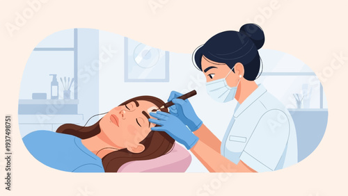 Woman receives cosmetic procedure on eyebrows in a clean, modern beauty salon