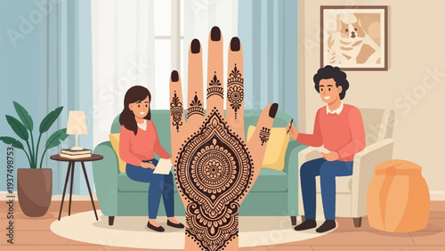 Woman receives intricate henna tattoo from artist in cozy room
