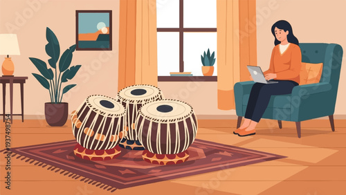Woman using laptop in a room with Indian musical instruments