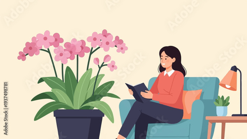 Woman relaxes reading book next to potted orchids and lamp