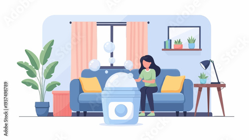 Woman relaxing at home with bubbles and a large container of product