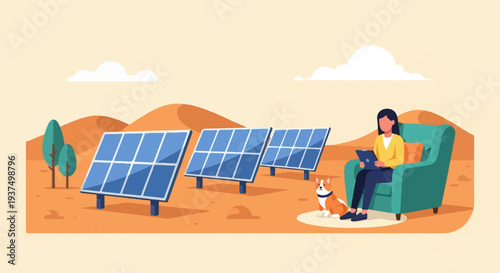 Woman relaxes with tablet and dog near solar panels in desert landscape