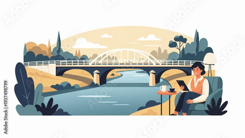 Woman relaxing by river, bridge, and trees in a peaceful park setting