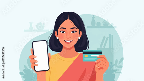 Woman smiling with credit card and smartphone