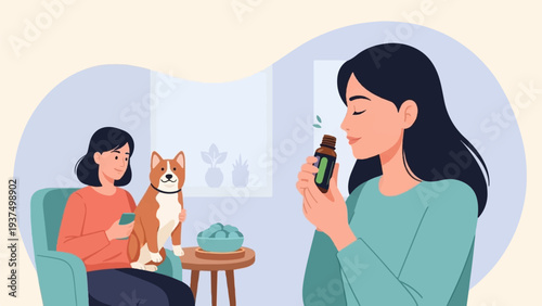 Woman smelling essential oil bottle, with companion and pet dog nearby at home