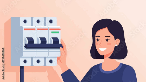 Woman smiling and touching an electrical breaker