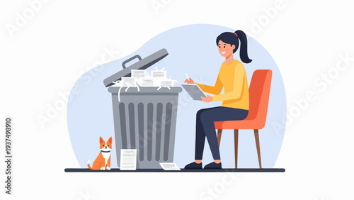 Woman sorts papers next to full trash bin with a dog