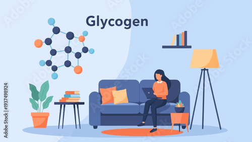 Woman studying glycogen molecule on laptop in a cozy room