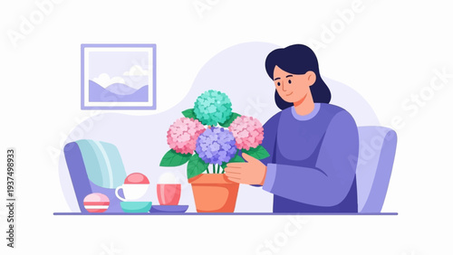 Woman tending to potted hydrangeas on a table with macarons and tea