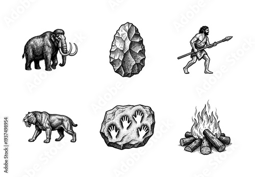 Set of prehistoric era illustrations featuring a woolly mammoth, saber-toothed tiger, caveman hunter, stone tool, cave painting, and campfire in a vintage woodcut style.