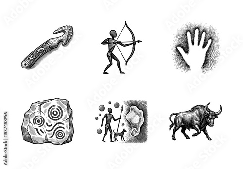 Set of prehistoric cave art and tribal hunting illustrations in black and white engraving style