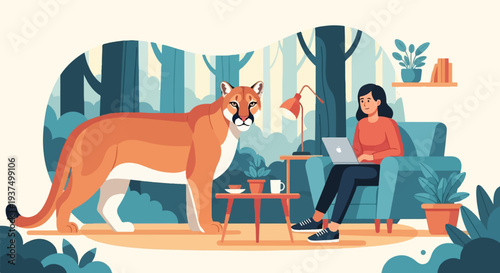 Woman using laptop on sofa with cougar and forest background