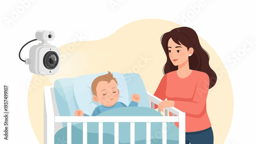 Woman watches over sleeping baby in crib with a baby monitor