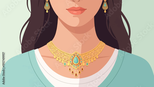 Woman wearing ornate gold necklace and turquoise earrings