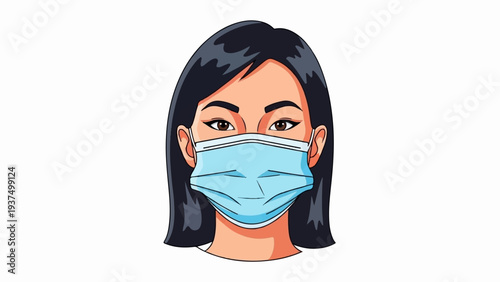 Woman wearing a light blue surgical mask and dark hair