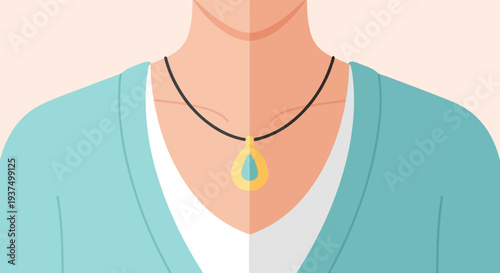 Woman wearing a teal cardigan and a teardrop pendant necklace