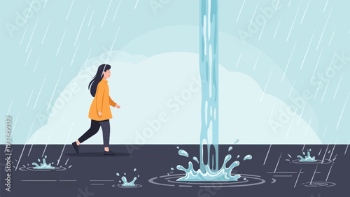 Woman walks through heavy rain and puddles with a waterfall like downpour