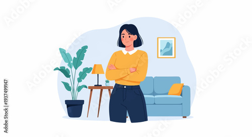 Woman with arms crossed in yellow shirt, blue pants, in modern living room