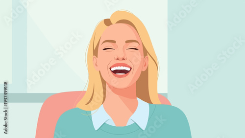 Woman with blonde hair laughing heartily, showing teeth and closed eyes