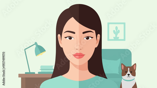 Woman with dog and desk lamp in minimalist, light-colored room