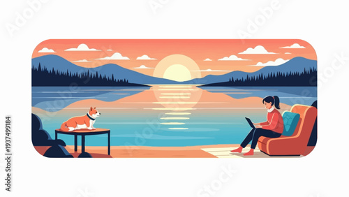 Woman with dog by tranquil lake at sunset, enjoying nature and technology