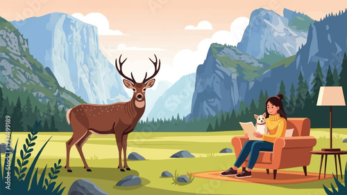 Woman with dog in armchair reading, deer stands nearby, mountains in background