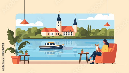 Woman with dog on sofa overlooking lake and distant buildings with boat