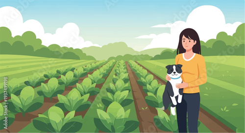 Woman with dog on a farm, overlooking lush green fields and distant hills