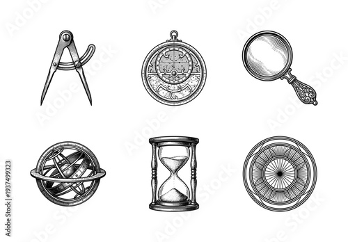 Set of vintage scientific instruments and navigational tools in a detailed black and white woodcut engraving style